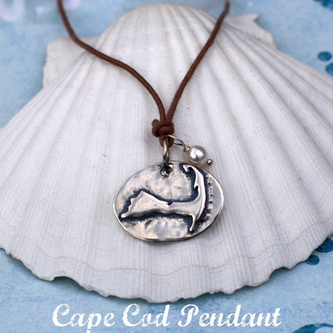 Cape Cod Map Pendant Necklace on adjustable waxed cotton
